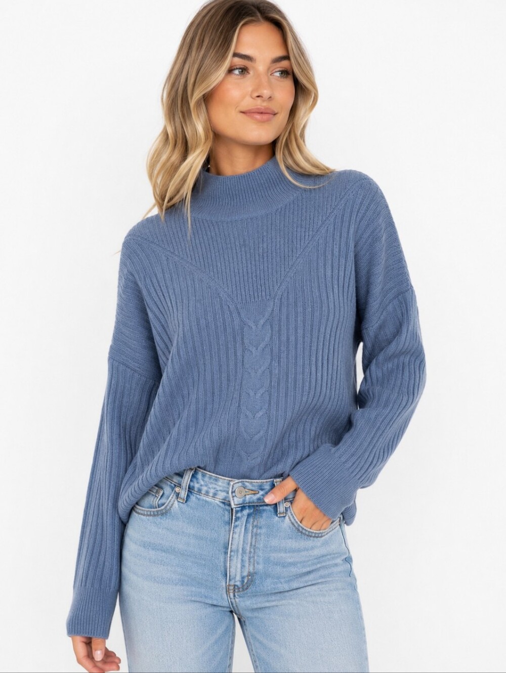 RD Style Light Blue Mock Neck Ribbed Cable Knit Sweater Size Large NWT